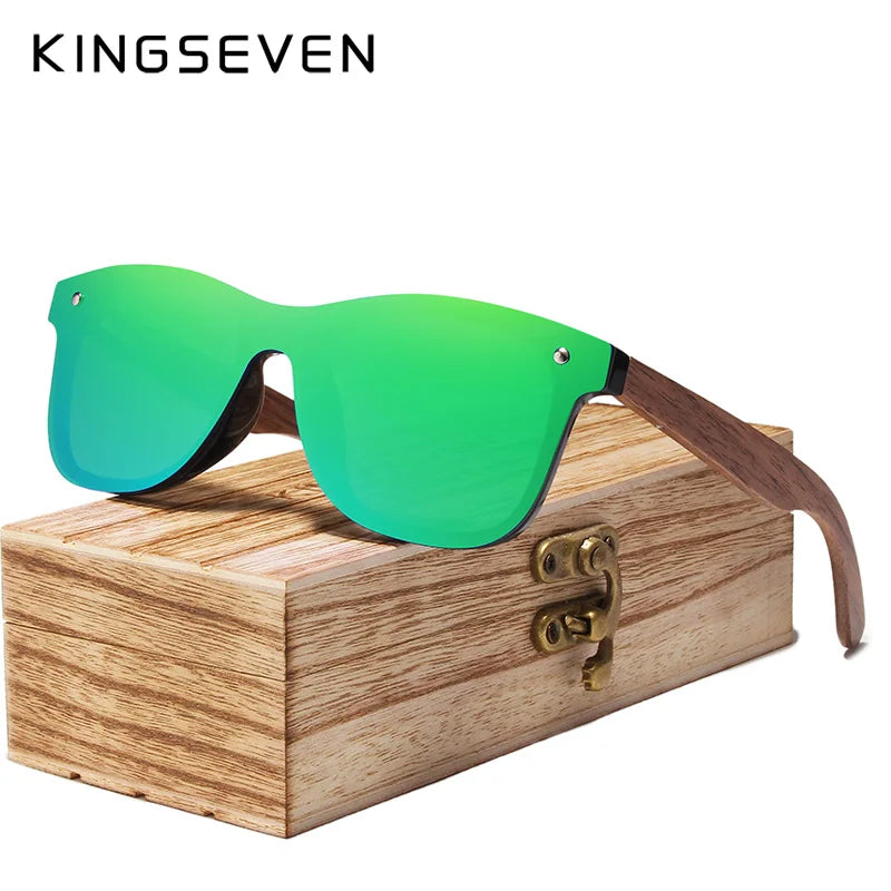 KINGSEVEN UV400 Polarized Walnut Wood Sunglasses Handmade Rectangle Outdoor Eyewear for Men and Women