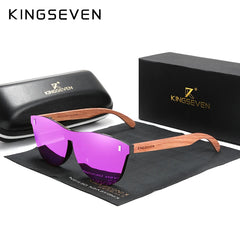 Purple sunglasses with wooden arms on a black cloth, accompanied by KINGSEVEN branded case and box.