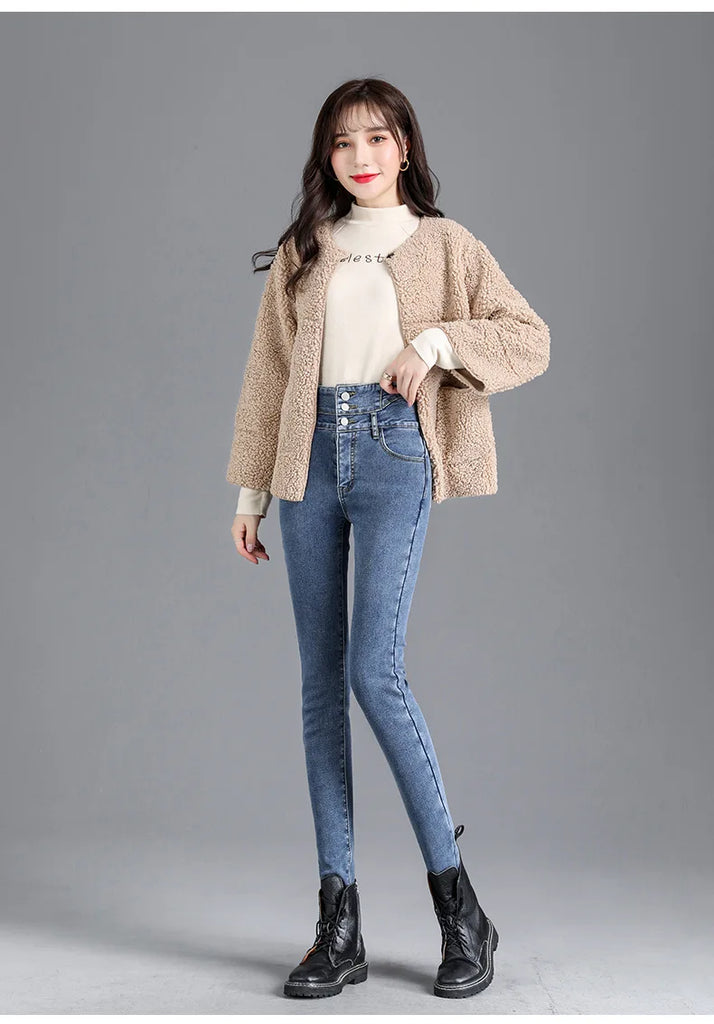 Thermal Fleece-Lined High-Waist Skinny Jeans for Women – Warm Stretch Winter Pencil Pants