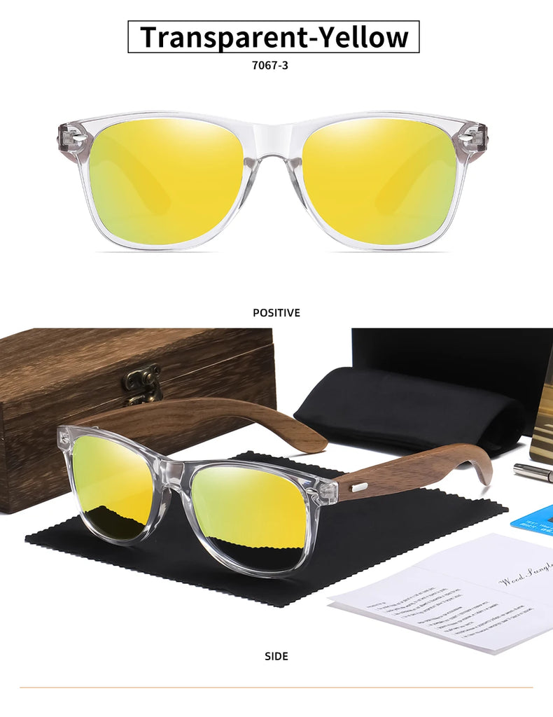 GM Transparent Color Frame Polarized Sunglasses – Handmade Wood Style UV400 Outdoor Shades with Box