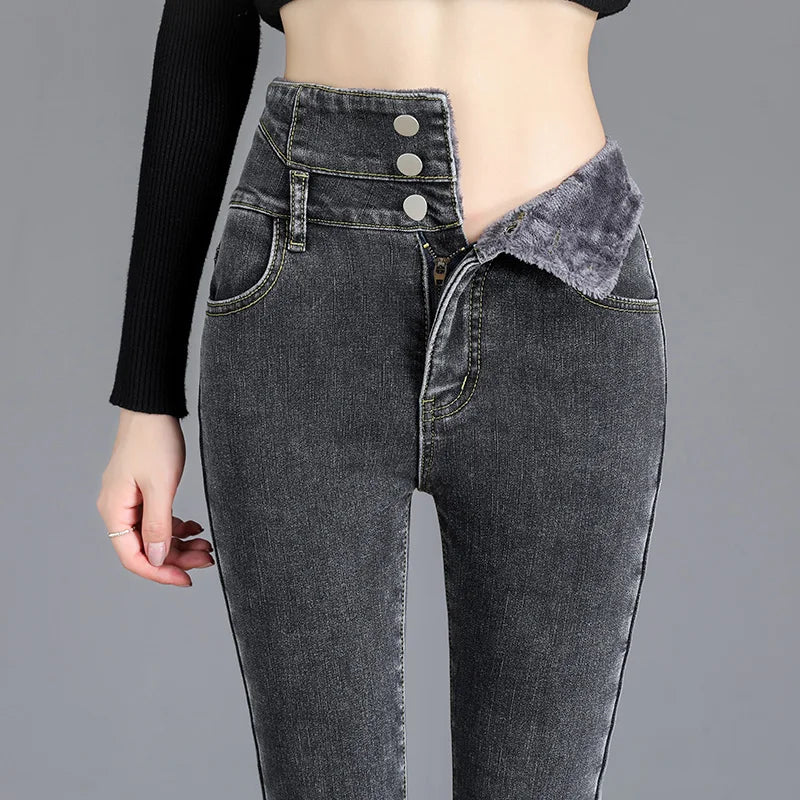 Thermal Fleece-Lined High-Waist Skinny Jeans for Women – Warm Stretch Winter Pencil Pants