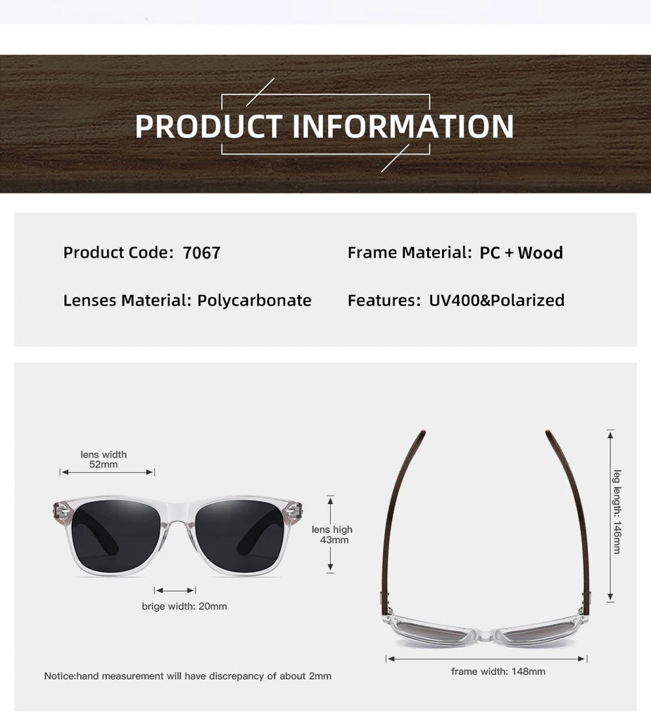 GM Transparent Color Frame Polarized Sunglasses – Handmade Wood Style UV400 Outdoor Shades with Box