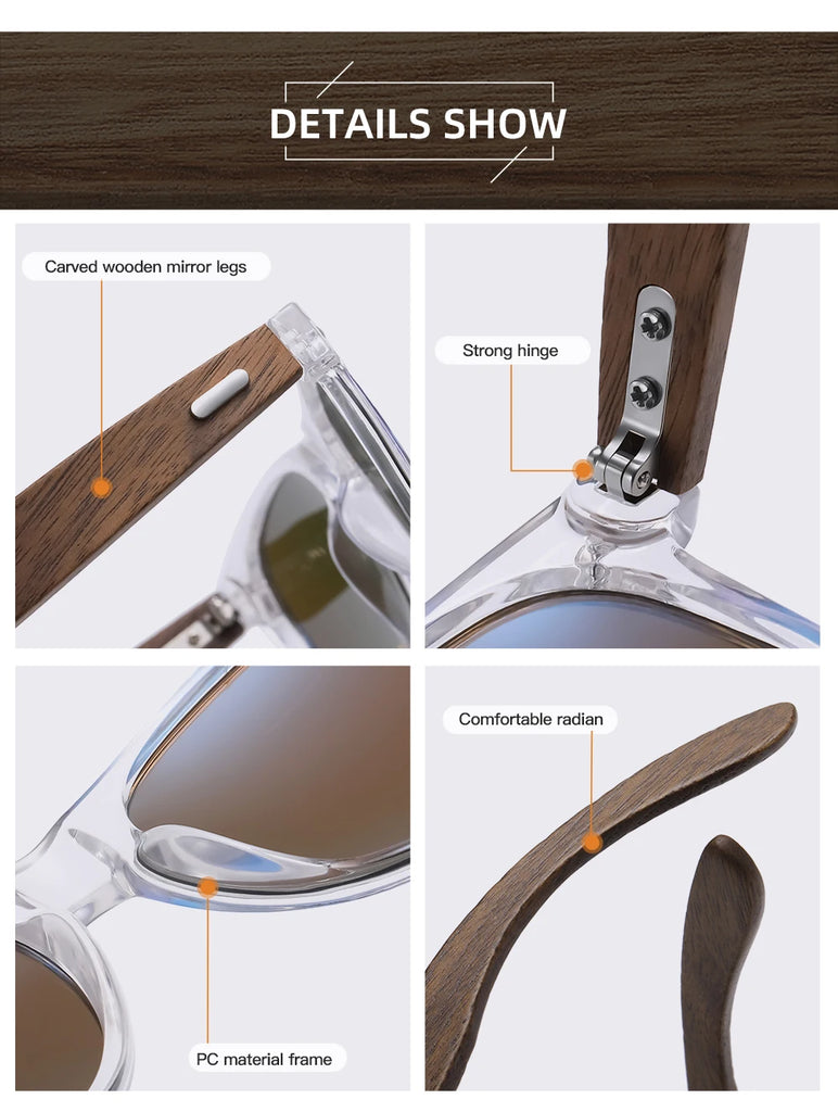GM Transparent Color Frame Polarized Sunglasses – Handmade Wood Style UV400 Outdoor Shades with Box