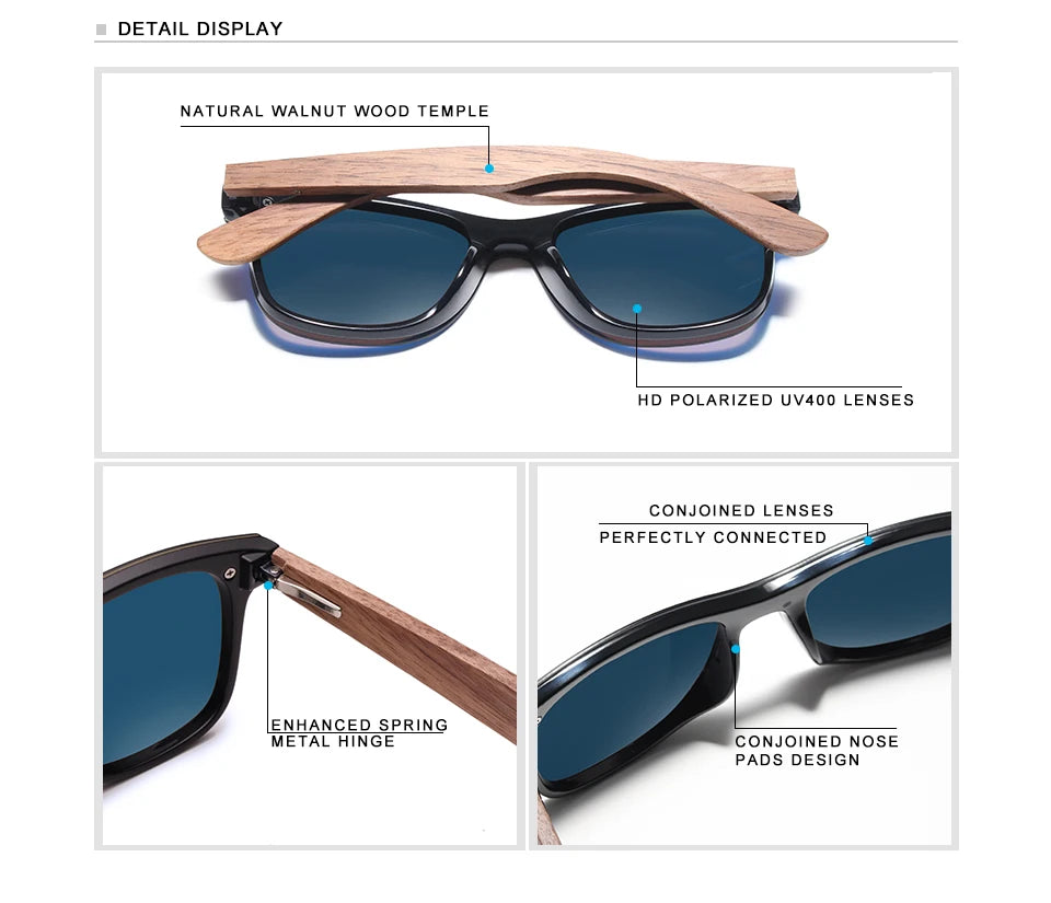 KINGSEVEN UV400 Polarized Walnut Wood Sunglasses Handmade Rectangle Outdoor Eyewear for Men and Women