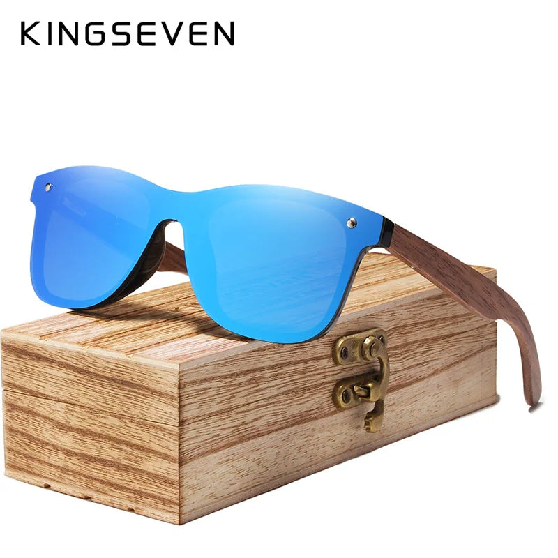 KINGSEVEN UV400 Polarized Walnut Wood Sunglasses Handmade Rectangle Outdoor Eyewear for Men and Women
