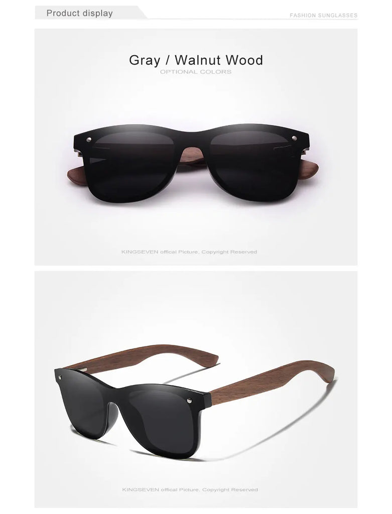 KINGSEVEN UV400 Polarized Walnut Wood Sunglasses Handmade Rectangle Outdoor Eyewear for Men and Women