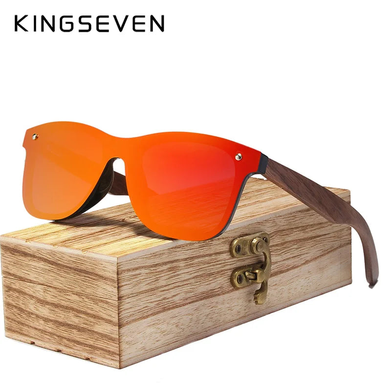 KINGSEVEN UV400 Polarized Walnut Wood Sunglasses Handmade Rectangle Outdoor Eyewear for Men and Women