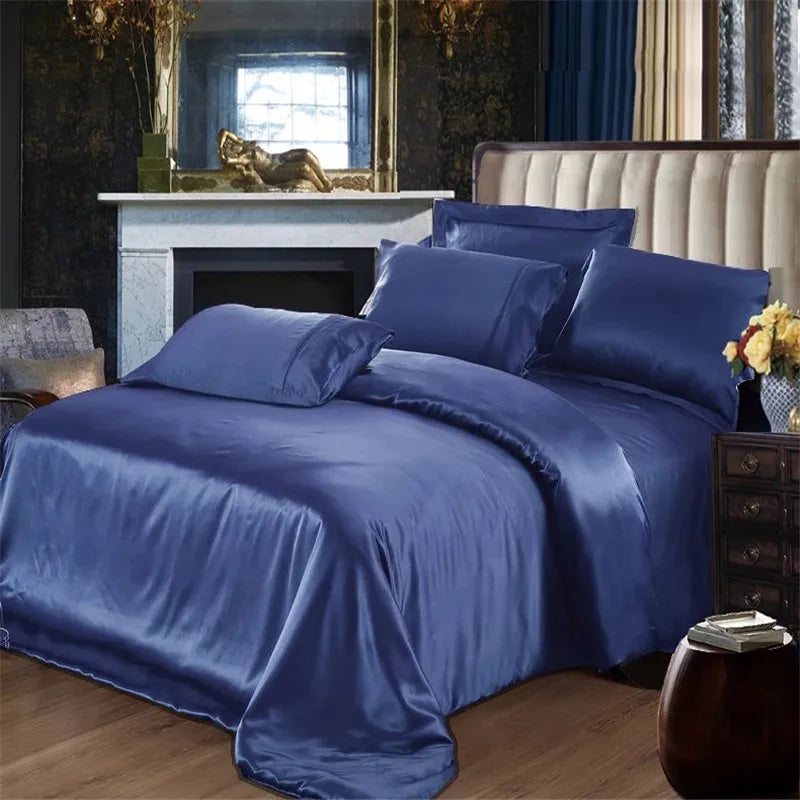 Bed Sheet Set 22mm 100% Mulberry Silk Seamless Fitted Sheet Duvet Cover Pillowcases – Dark Blue Silvery Colors