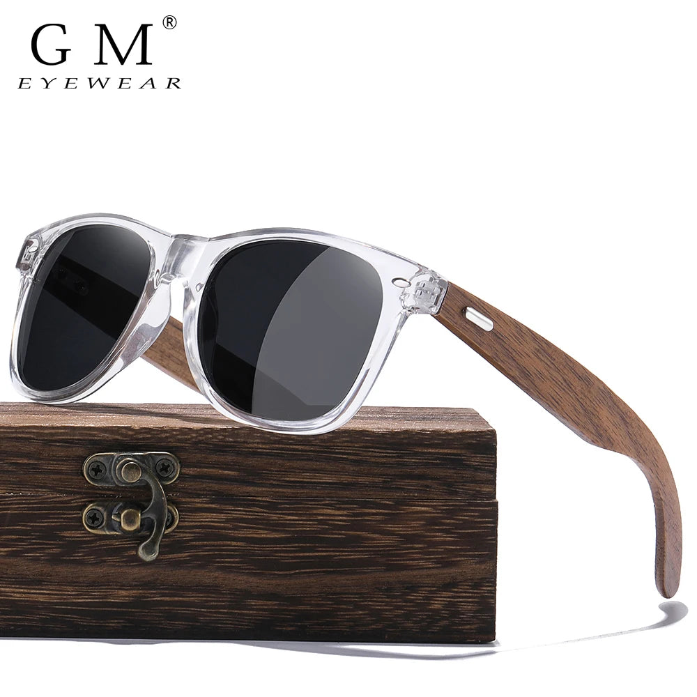 GM Transparent Color Frame Polarized Sunglasses – Handmade Wood Style UV400 Outdoor Shades with Box