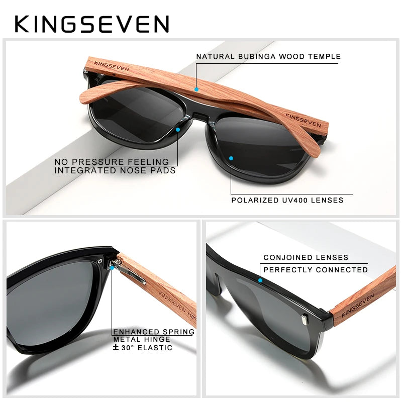 KINGSEVEN Natural Bubinga Wooden Polarized Sunglasses UV400 Square Frame B-5510