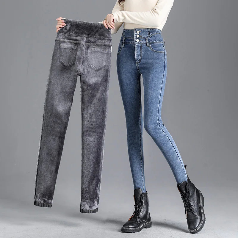 Thermal Fleece-Lined High-Waist Skinny Jeans for Women – Warm Stretch Winter Pencil Pants