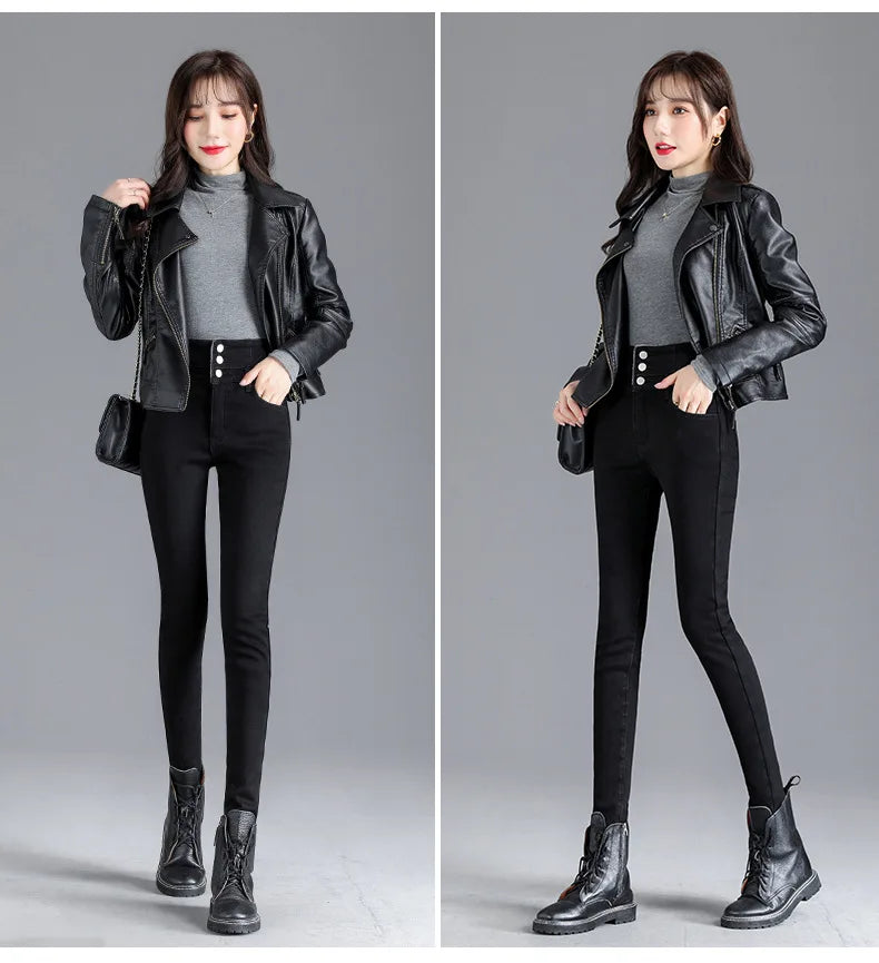 Thermal Fleece-Lined High-Waist Skinny Jeans for Women – Warm Stretch Winter Pencil Pants