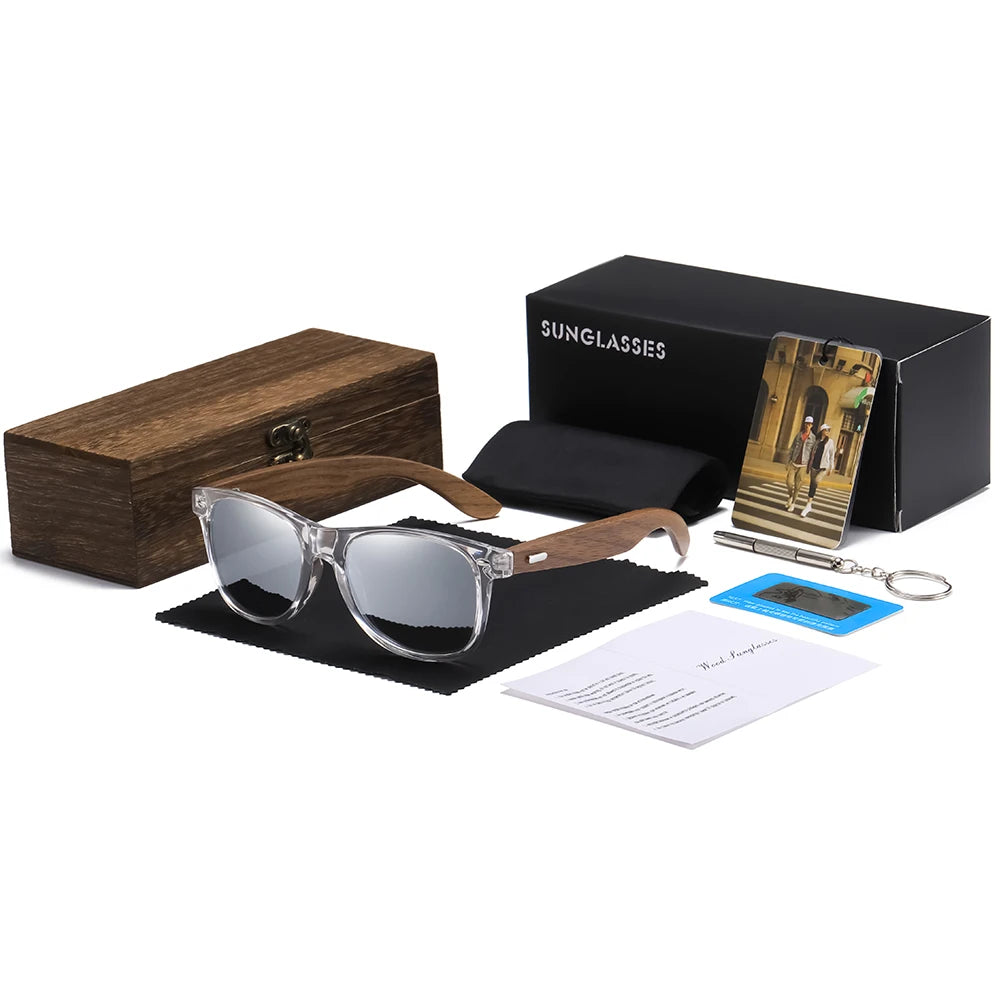 GM Transparent Color Frame Polarized Sunglasses – Handmade Wood Style UV400 Outdoor Shades with Box