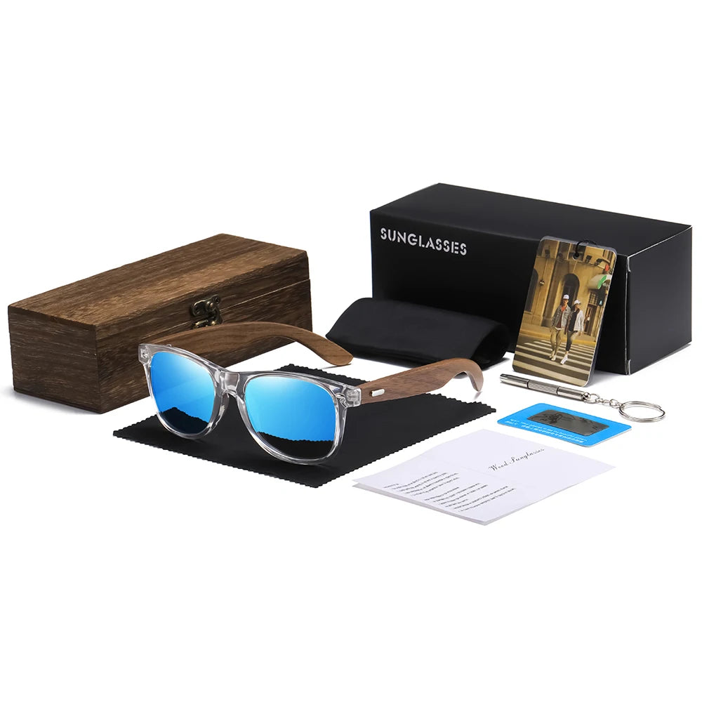 GM Transparent Color Frame Polarized Sunglasses – Handmade Wood Style UV400 Outdoor Shades with Box