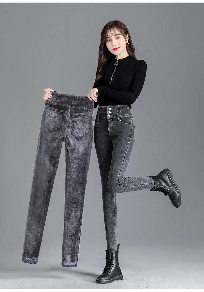 Thermal Fleece-Lined High-Waist Skinny Jeans for Women – Warm Stretch Winter Pencil Pants
