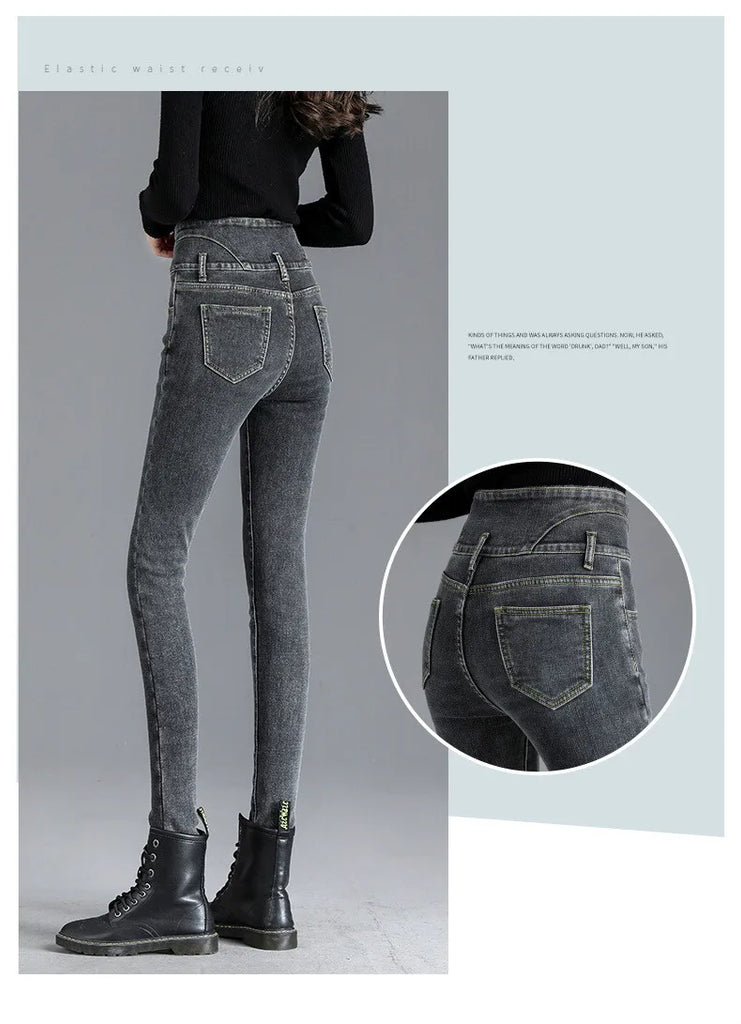 Thermal Fleece-Lined High-Waist Skinny Jeans for Women – Warm Stretch Winter Pencil Pants