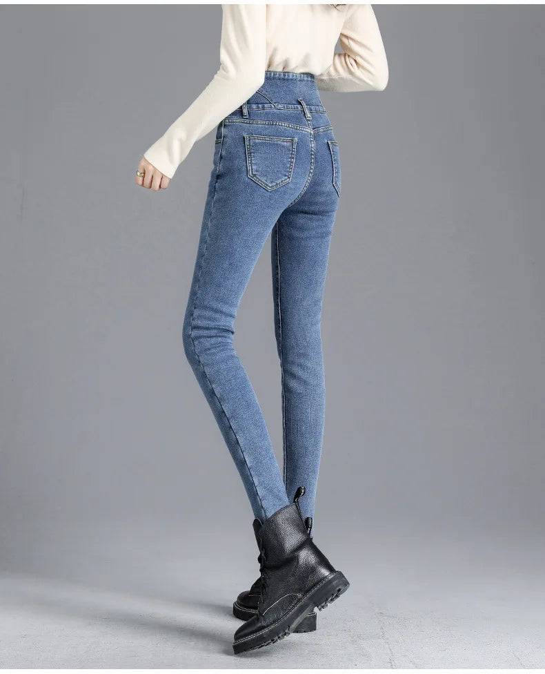Thermal Fleece-Lined High-Waist Skinny Jeans for Women – Warm Stretch Winter Pencil Pants