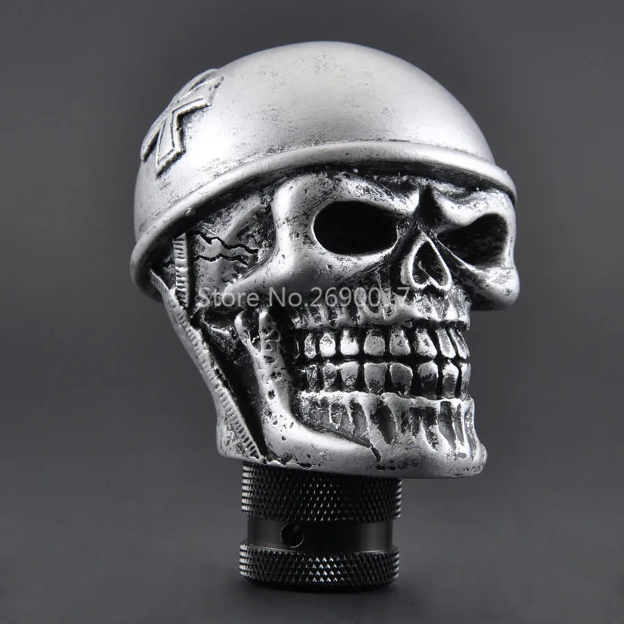 Silver Skull Helmet Universal Car Gear Shift Knob Lever – Heavy Resin & Metal Shifter for SUV, Truck, Coupe & Hatchback