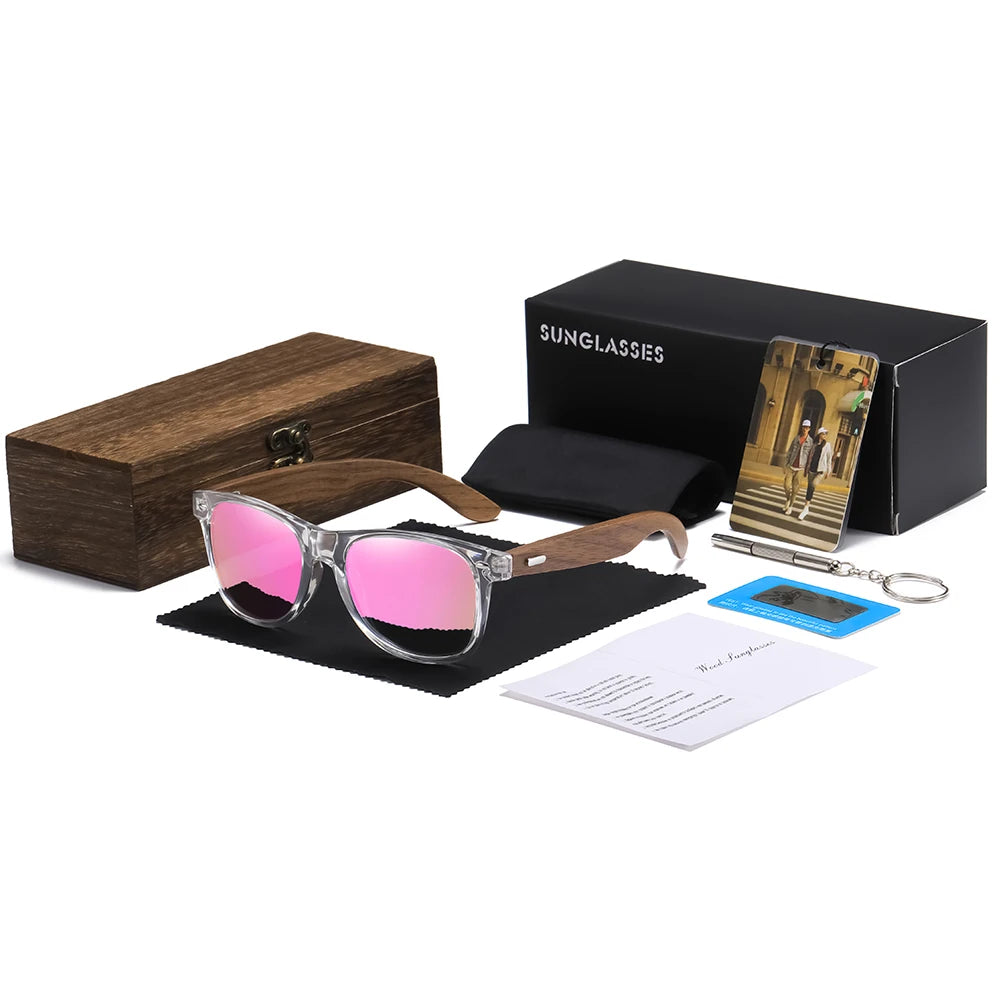 GM Transparent Color Frame Polarized Sunglasses – Handmade Wood Style UV400 Outdoor Shades with Box