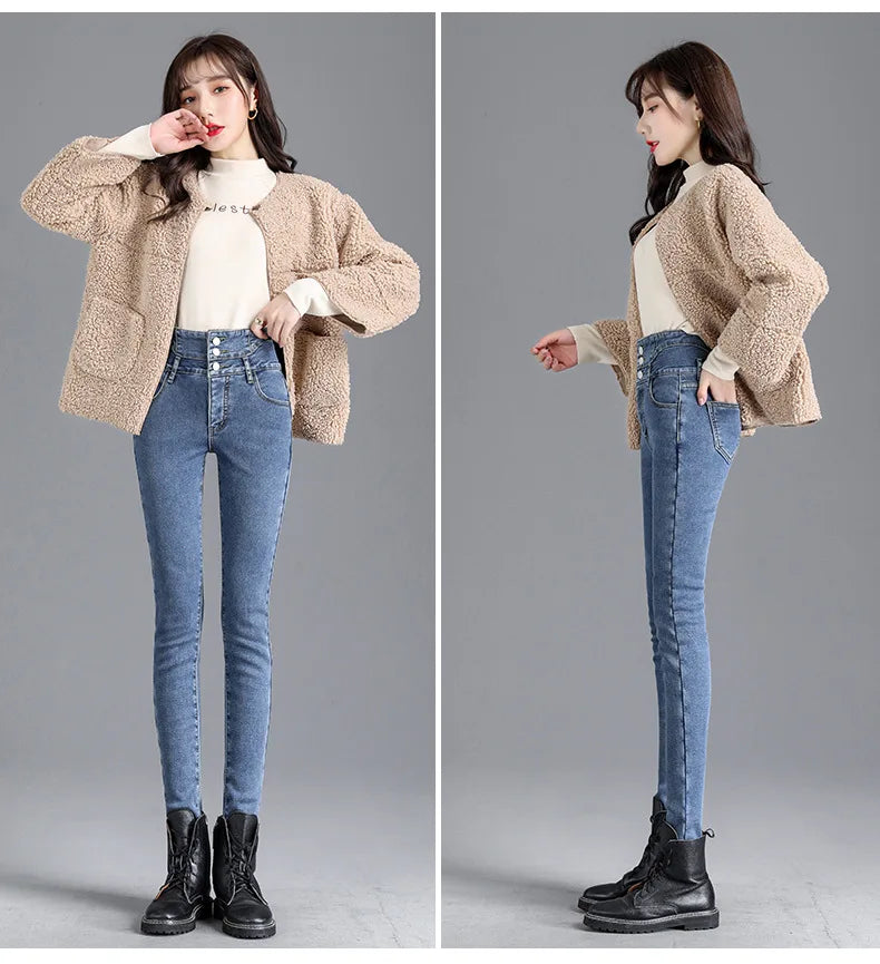 Thermal Fleece-Lined High-Waist Skinny Jeans for Women – Warm Stretch Winter Pencil Pants