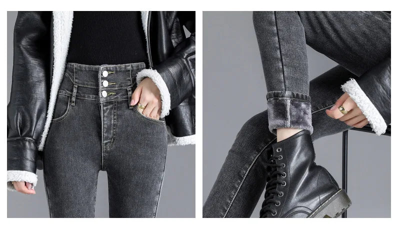 Thermal Fleece-Lined High-Waist Skinny Jeans for Women – Warm Stretch Winter Pencil Pants