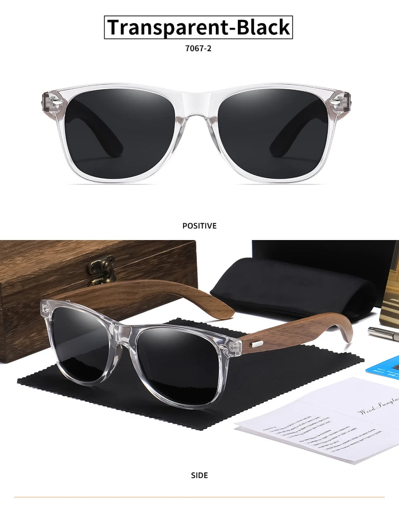 GM Transparent Color Frame Polarized Sunglasses – Handmade Wood Style UV400 Outdoor Shades with Box