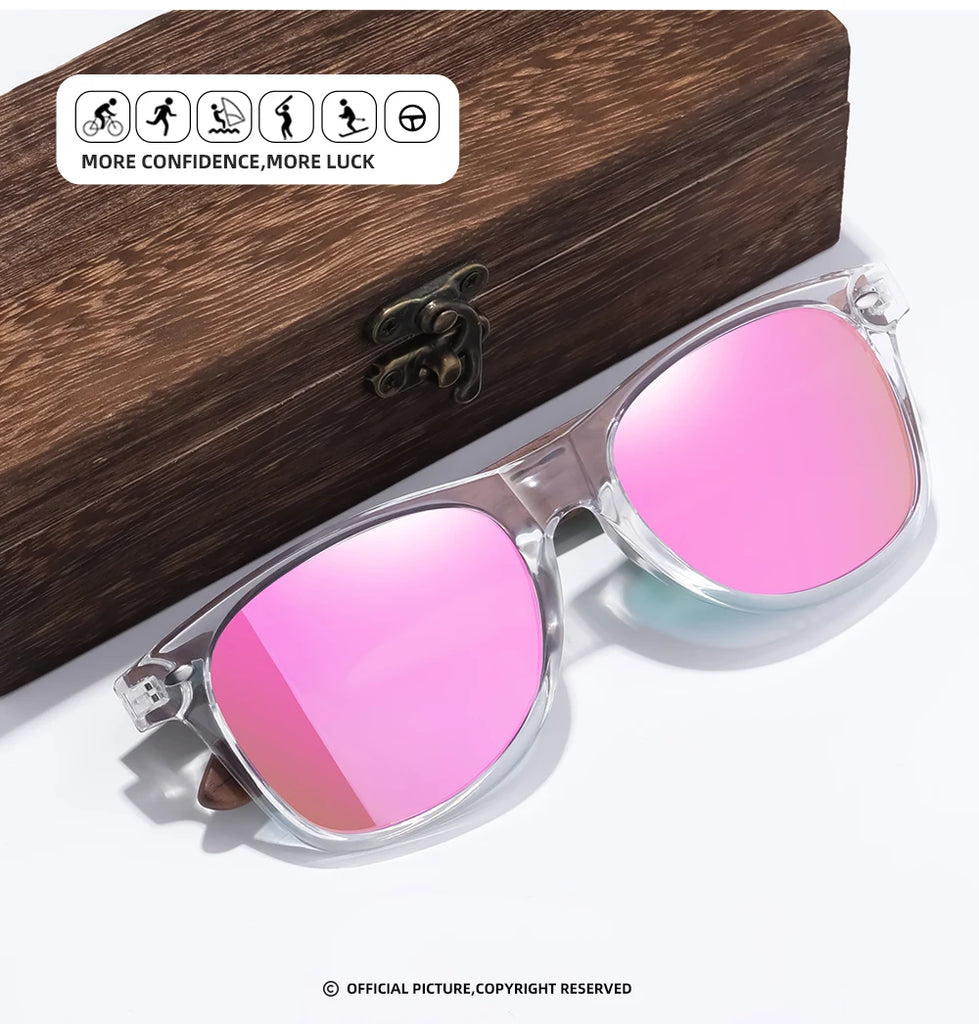 GM Transparent Color Frame Polarized Sunglasses – Handmade Wood Style UV400 Outdoor Shades with Box