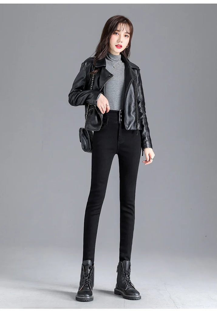 Thermal Fleece-Lined High-Waist Skinny Jeans for Women – Warm Stretch Winter Pencil Pants
