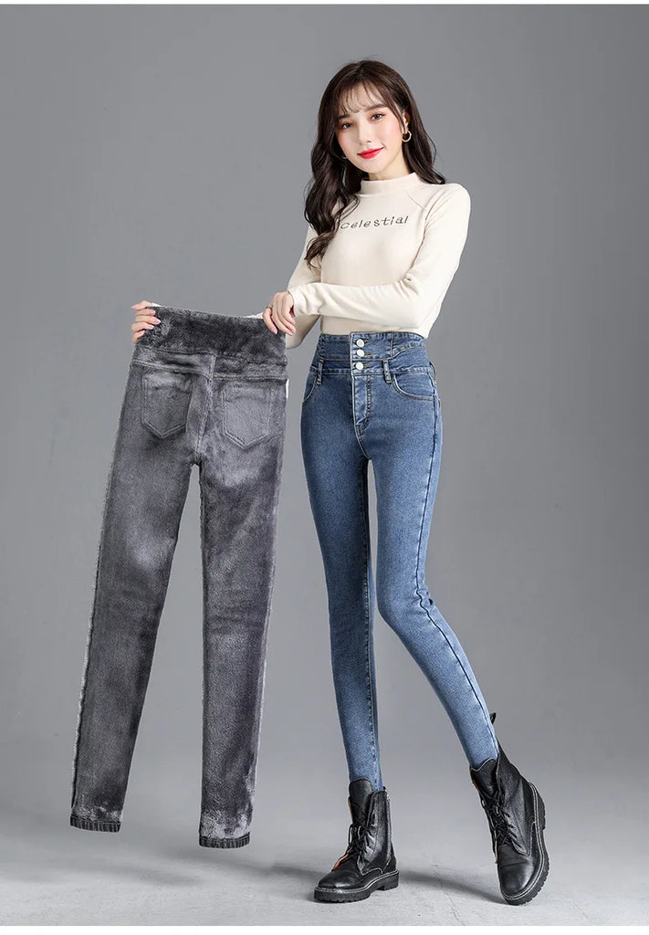 Thermal Fleece-Lined High-Waist Skinny Jeans for Women – Warm Stretch Winter Pencil Pants