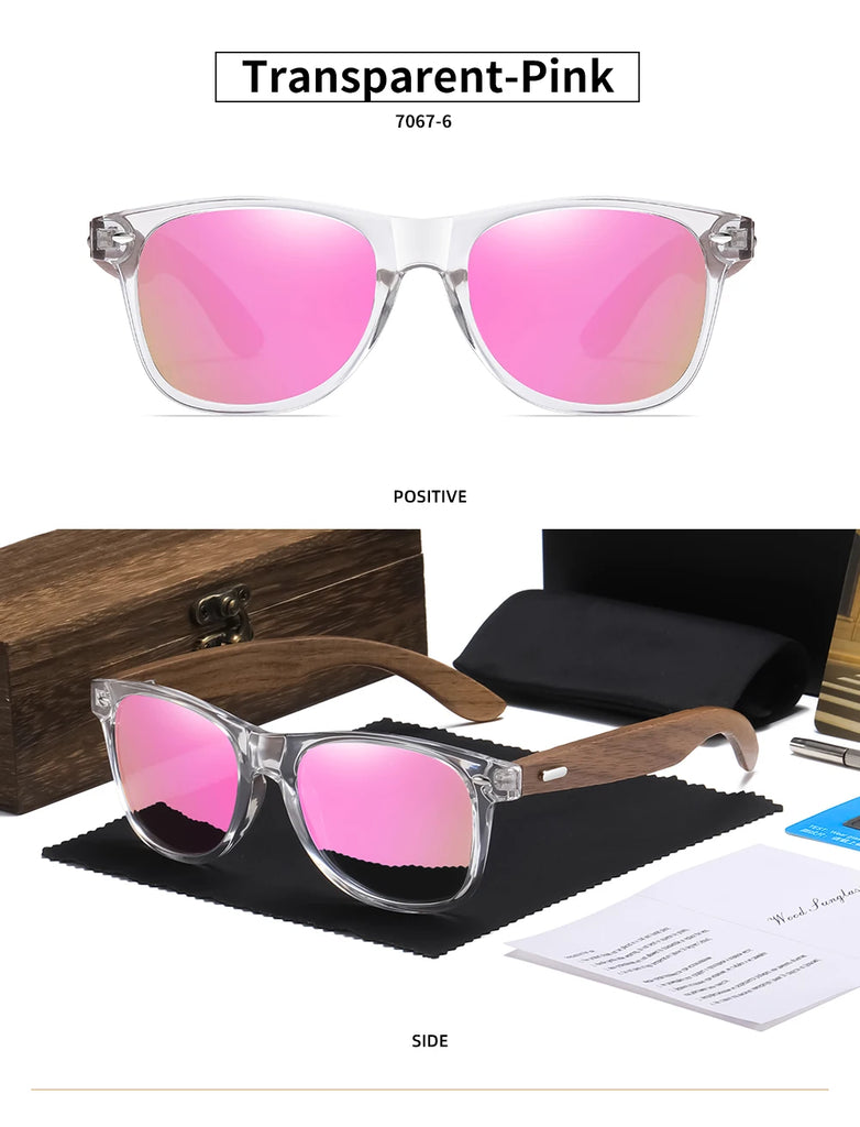 GM Transparent Color Frame Polarized Sunglasses – Handmade Wood Style UV400 Outdoor Shades with Box