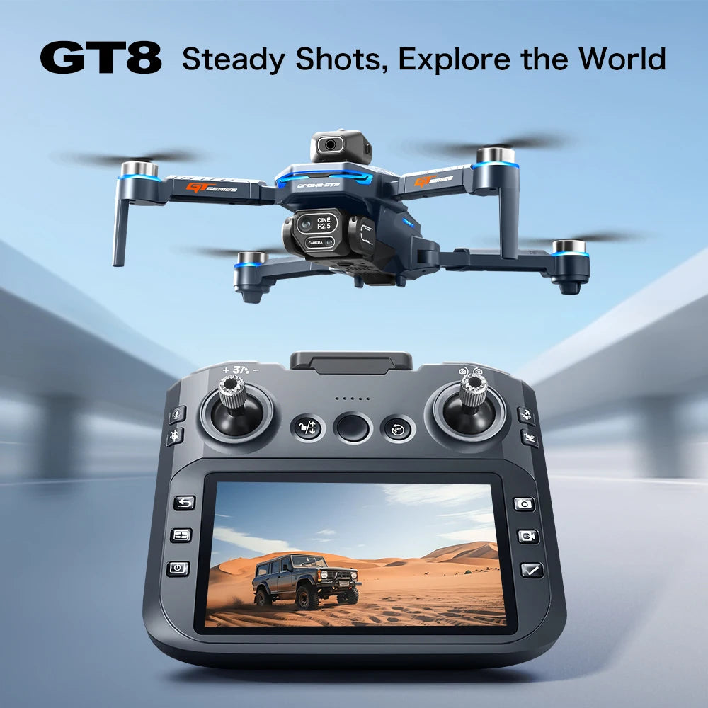 GT8 8K Professional HD Drone with Dual Cameras, 4.3” Screen Remote, Brushless Motor & Obstacle Avoidance – Foldable Quadcopter