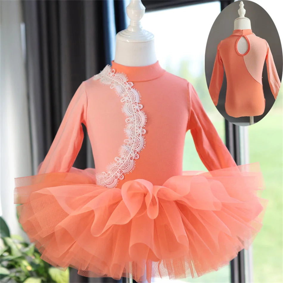 Girls Long Sleeve Ballet Dress Kids Ballet Leotard Tutu Skirt Gymnastics Dance Costume