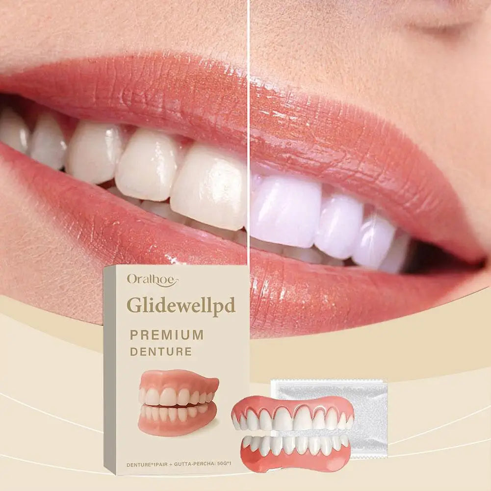 Full Denture Fake Teeth Set with Silicone Upper & Lower Veneers – Natural Fit Smile Kit with Adhesive Gel