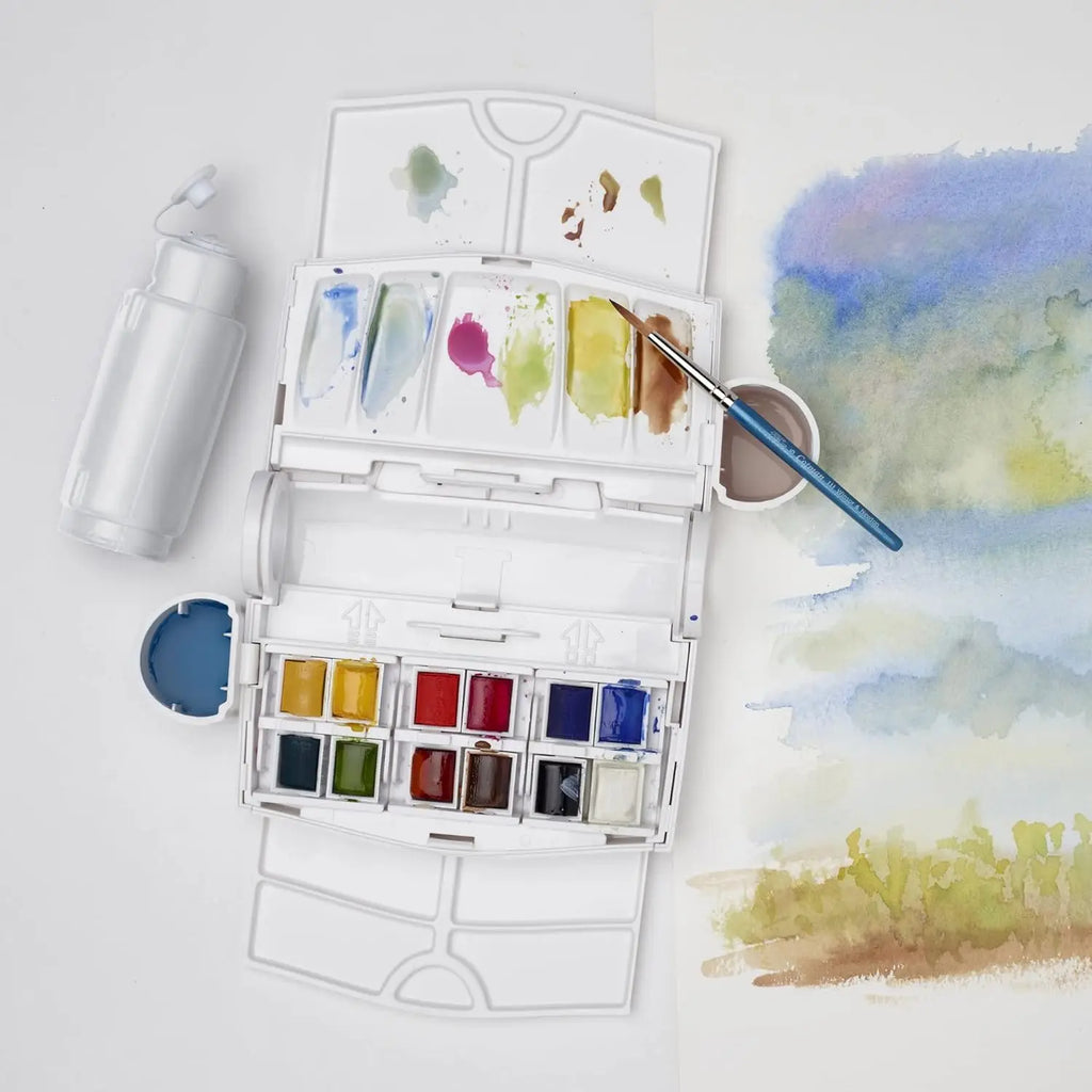 Winsor & Newton Cotman Watercolor Field Travel Set 12 Half Pans with Brush, Water Bottle and Portable Palette Case