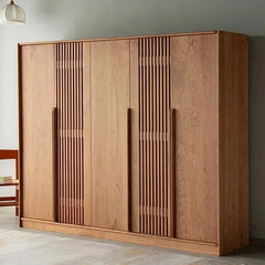 Wooden wardrobe with geometric design in a room setting
