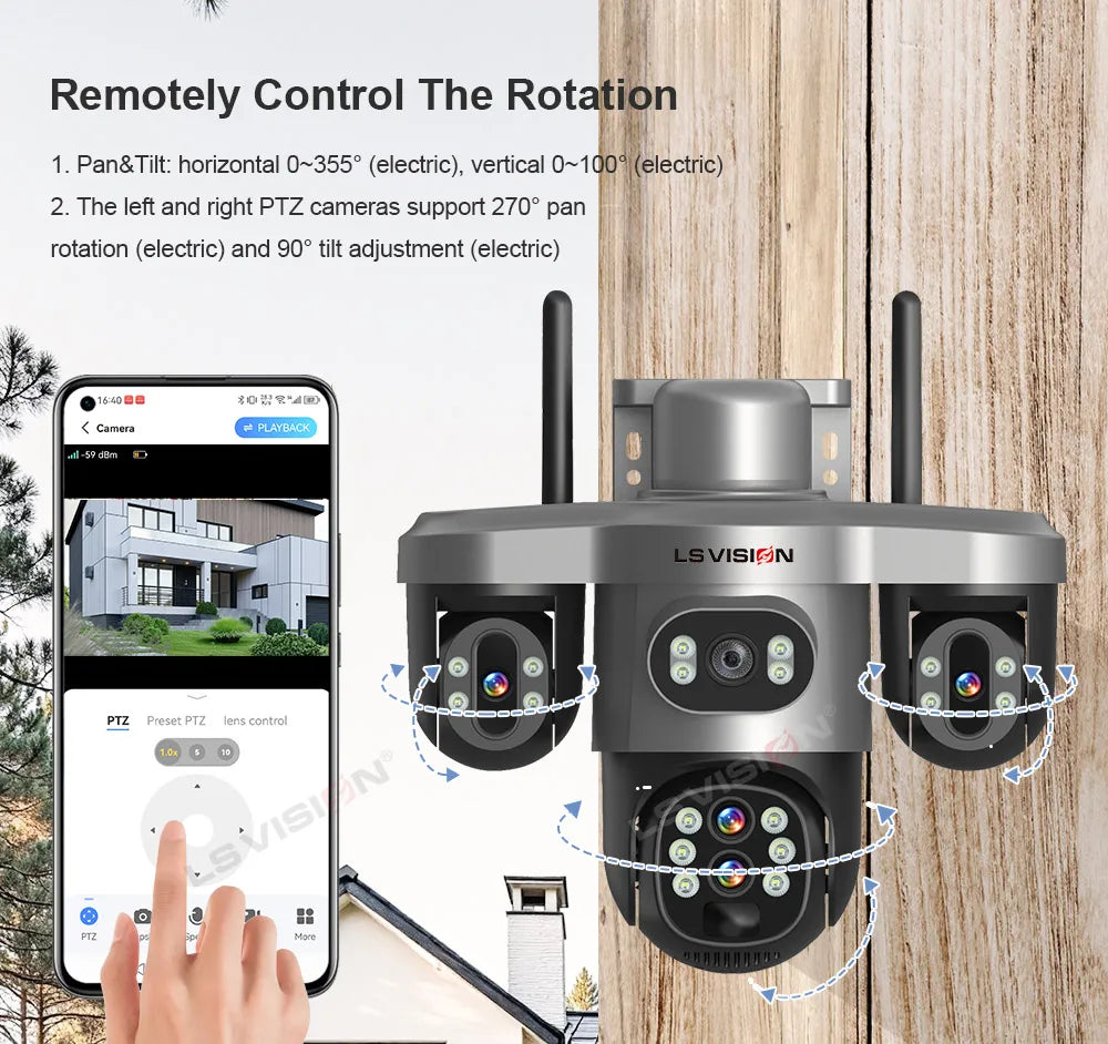 LS VISION 20MP 4-Lens Three Screen 4G/WiFi Solar Security Camera with 10X Optical Zoom and Auto Tracking