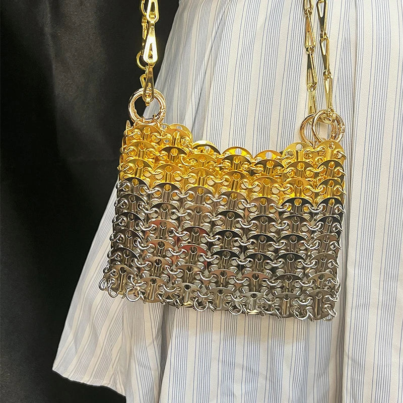 Silver Shiny Hand Woven Bead Sequin Crossbody Bag with Long Shoulder Strap for Women