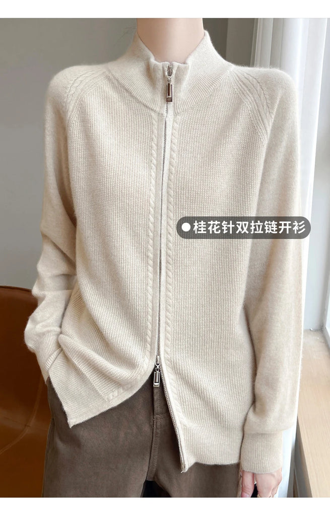 100% Wool Women’s Zipper Turtleneck Sweater – Casual Loose Knit Cardigan for Autumn/Winter