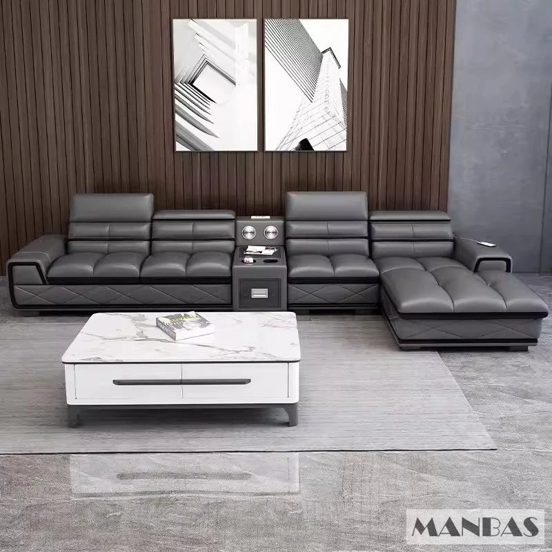 Modern Italian Genuine Leather Sectional Sofa with USB Charging & Bluetooth Speaker – MINGDIBAO Living Room Furniture