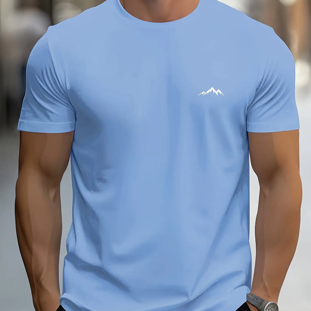 Men's Summer Cotton Casual Sports T-Shirt with Mountain Print, Short Sleeve, Round Neck