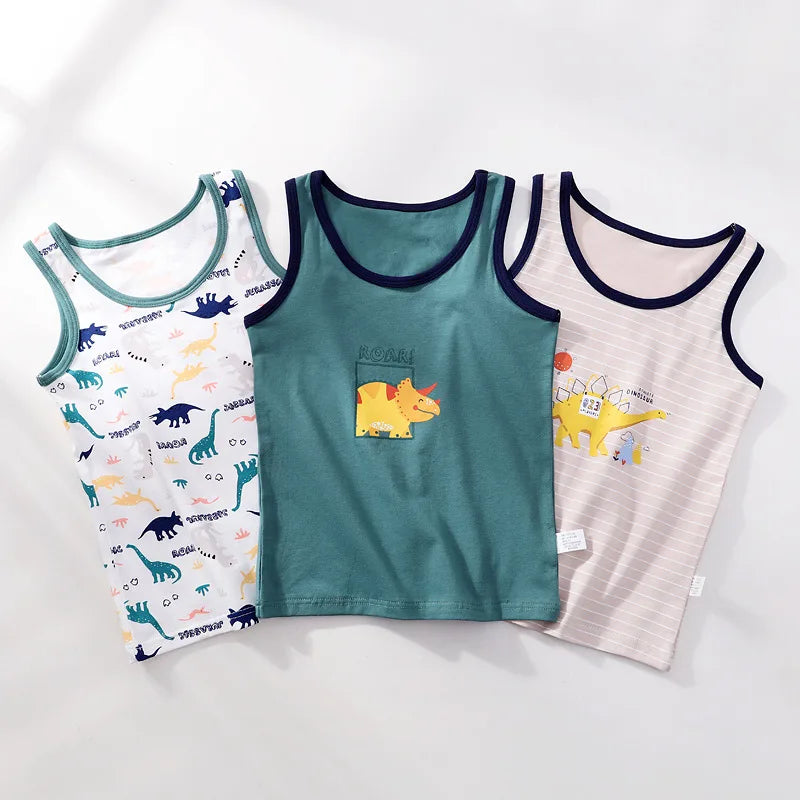 Boys Cartoon Dino Car Cotton Tank Top Singlet Underwear – Kids Summer Undershirt 3-10T