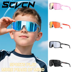 Child wearing blue reflective sunglasses with additional sunglasses displayed on the right against a blue sky.
