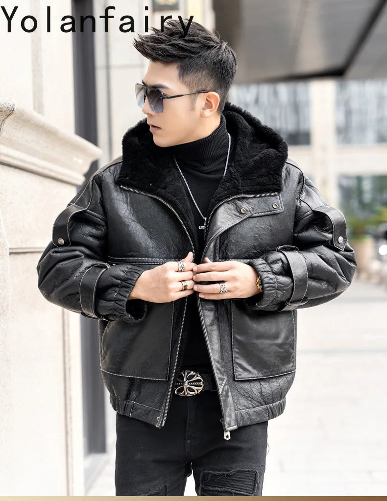Men’s Natural Sheepskin Leather Jacket with Real Fur Hood – Winter Wool Lined Fur Coat