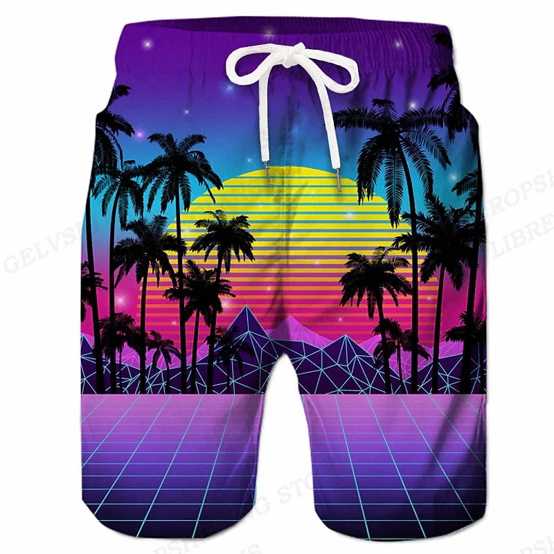 Kids 3D Coconut Tree Surfing Board Shorts – Boys & Girls Beach Swim Trunks