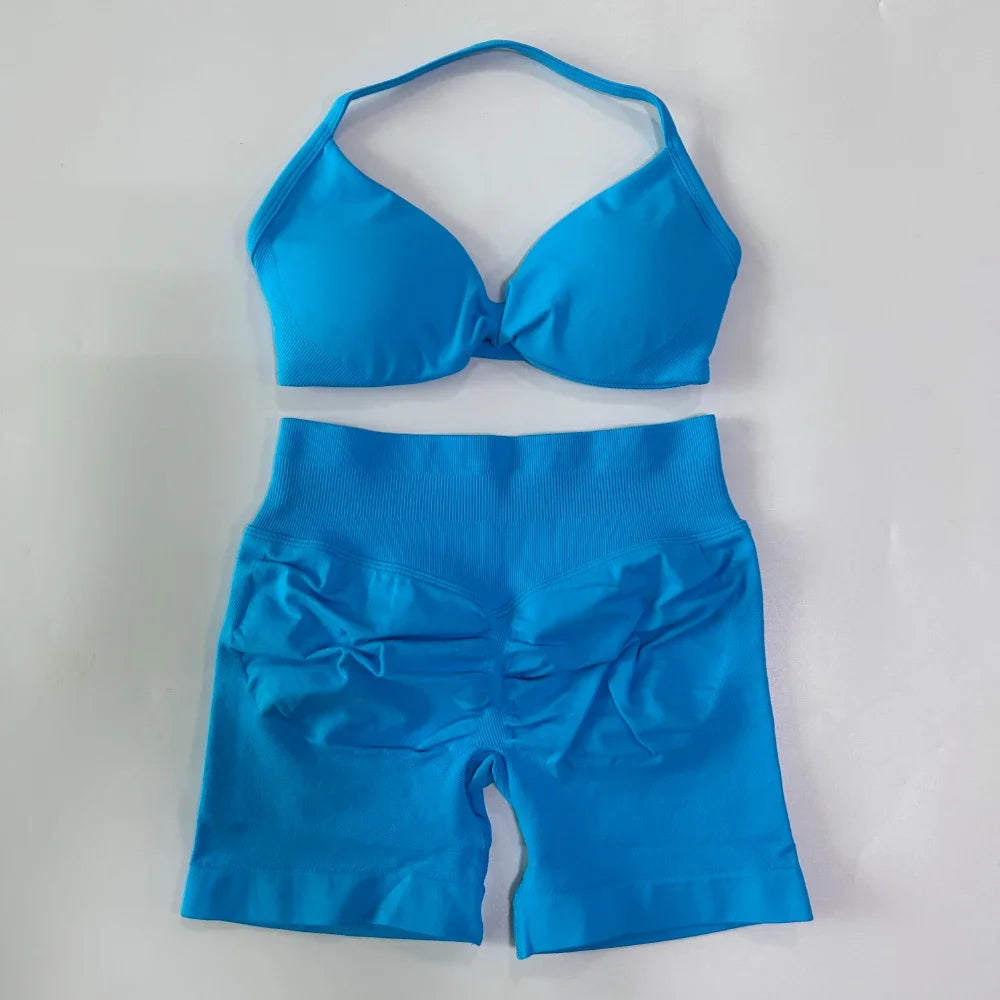 Women’s 2-Piece Seamless Gym Set – Strappy Yoga Bra & High-Waist Scrunch Shorts Workout Suit
