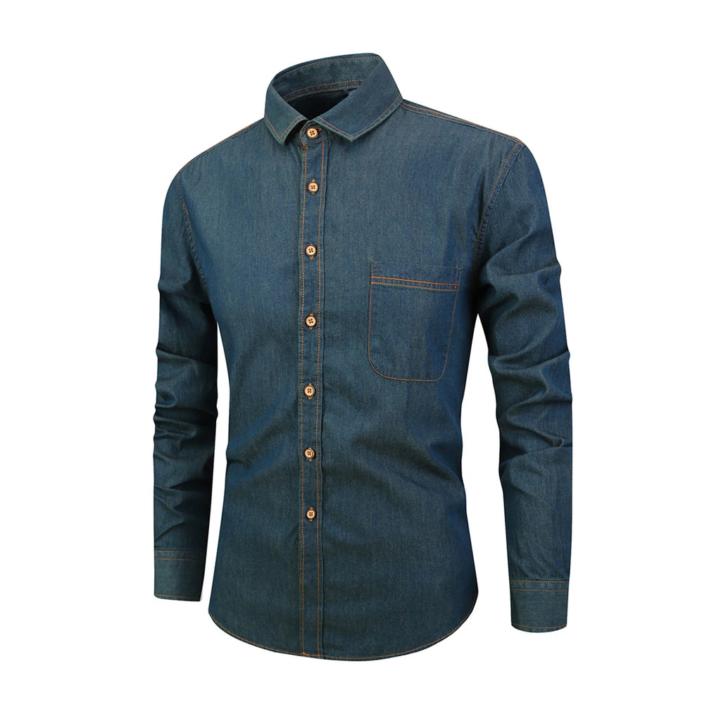 Men’s Autumn Cotton-Blend Denim Shirt – Casual Long Sleeve Button-Up with Single Pocket