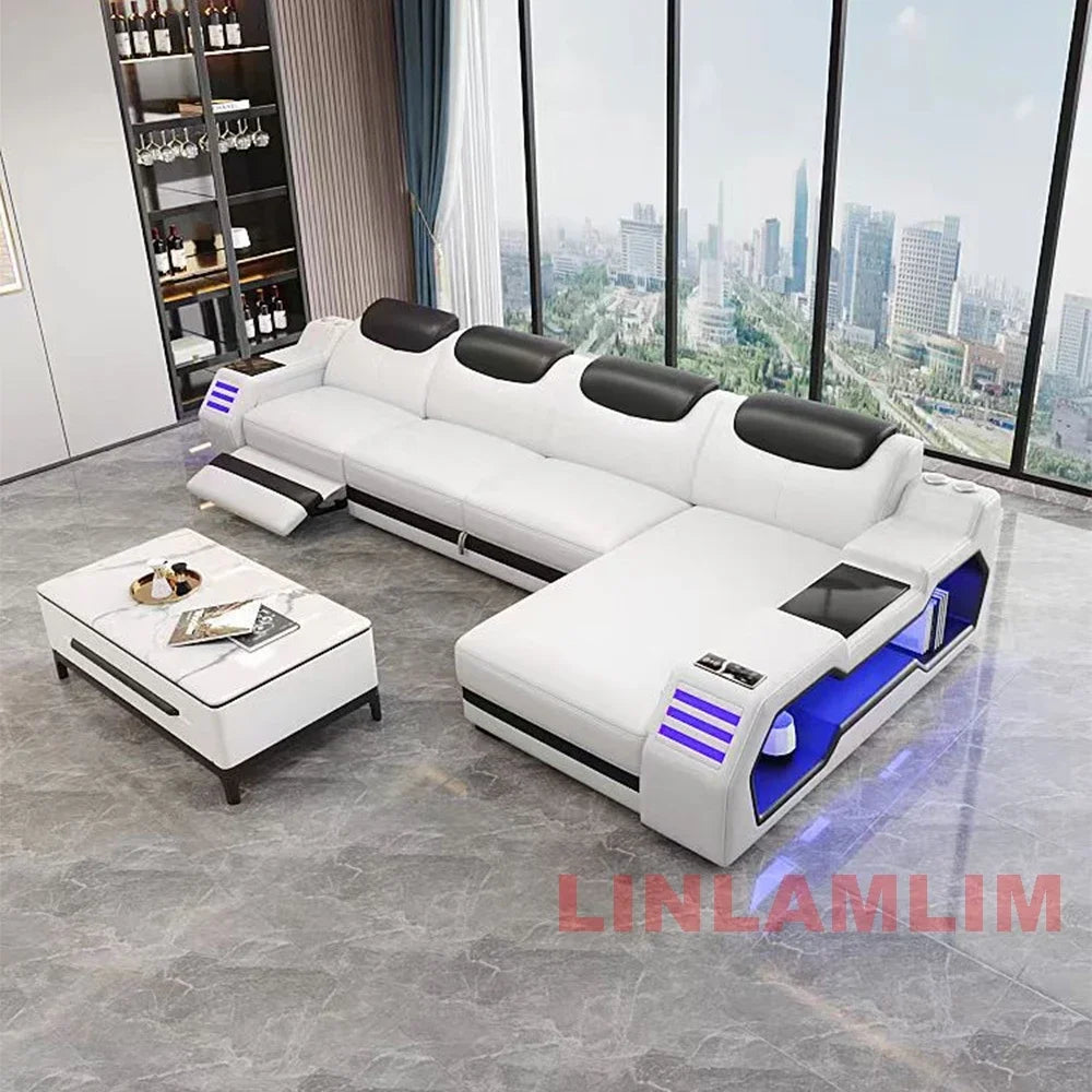 Modern L-Shaped Leather Sectional Sofa Bed with Adjustable Headrests, LED Lights, Storage & USB Ports