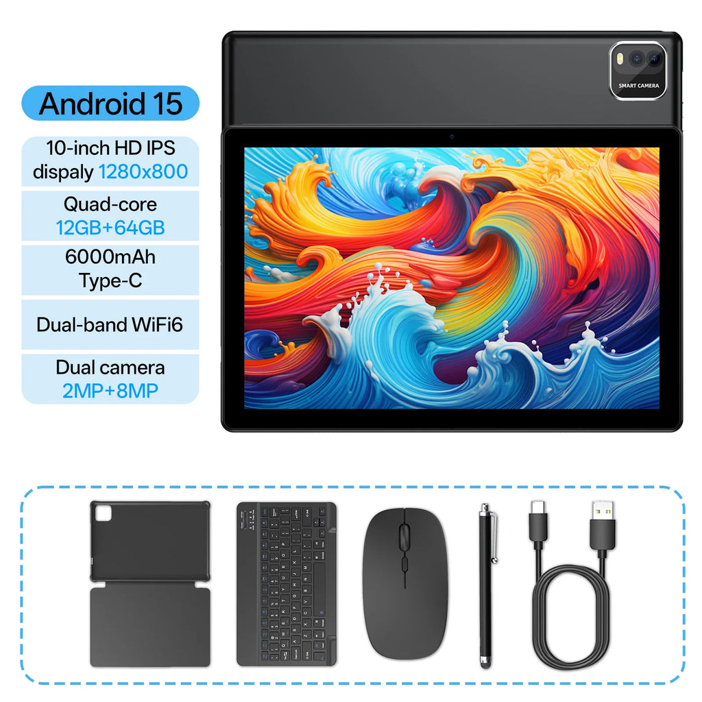BAKEN 10-Inch Android 15 Tablet PC – 12GB RAM (3+9GB) + 64GB Storage, WiFi 6, Quad-Core Processor, Dual Camera, 6000mAh Battery