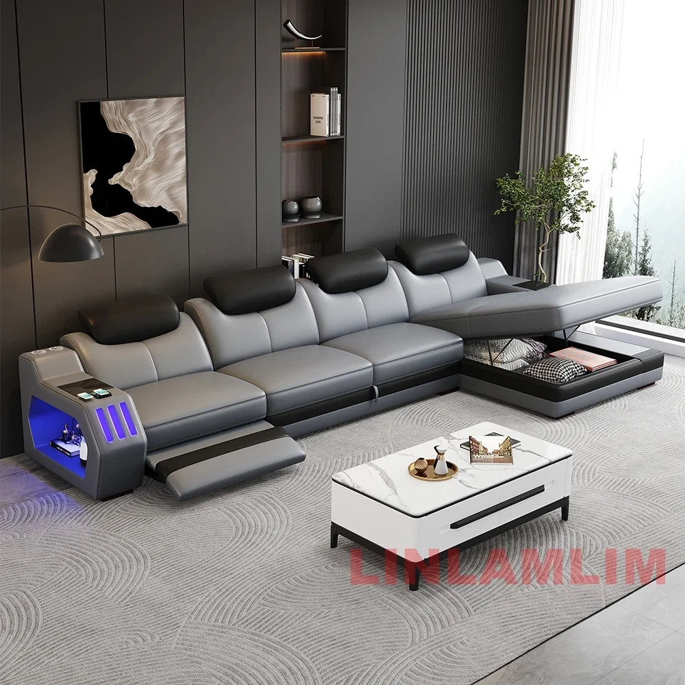 Modern L-Shaped Leather Sectional Sofa Bed with Adjustable Headrests, LED Lights, Storage & USB Ports