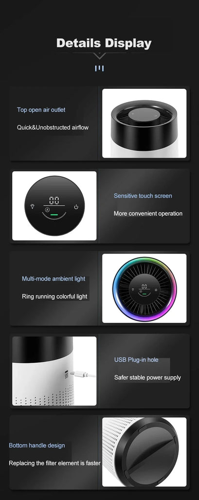 Desktop Air Purifier with Negative Ions, Formaldehyde Removal, Air Quality Detector & Night Light
